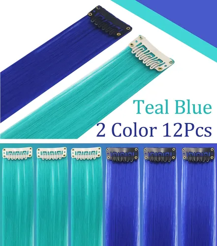 Miniatura 4 de Rhyme 12 piezas de extensiones de cabello de color azul y verde azulado con reflejos de princesa de 21 pulgadas con clip para niñas americanas
