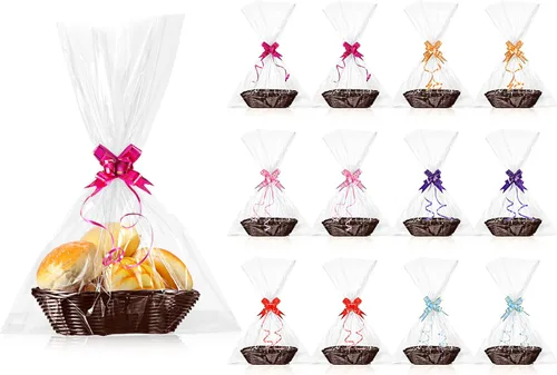 Miniatura 8 de Jetec 12 piezas de cestas para regalos vacías, canasta tejida de 9 x 6 x 2.24 pulgadas con 60 lazos de tirar coloridos y 30 bolsas transparentes