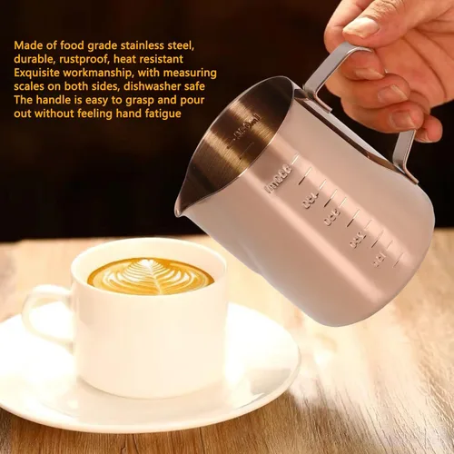 Miniatura 4 de Taza de espuma, jarra de leche de café 550ML con escala Jarra de vapor de acero inoxidable de oro rosa