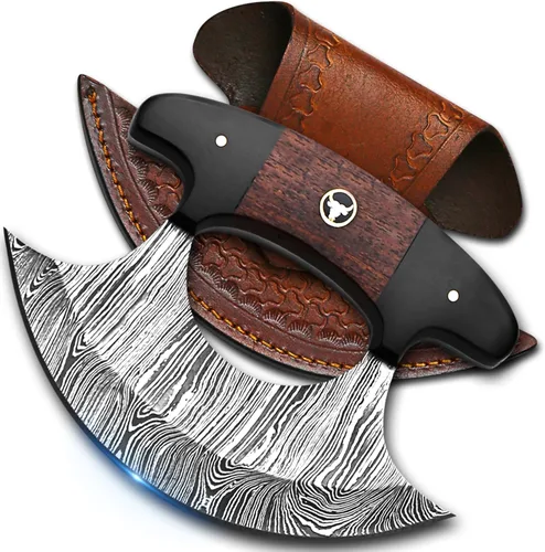 Damascus Ulu Cuchillo hecho a mano de 5.5 pulgadas, cortador de pizza de Alaska, pequeño cuchillo Ulu con funda, regalo ideal de Alaska para picar,