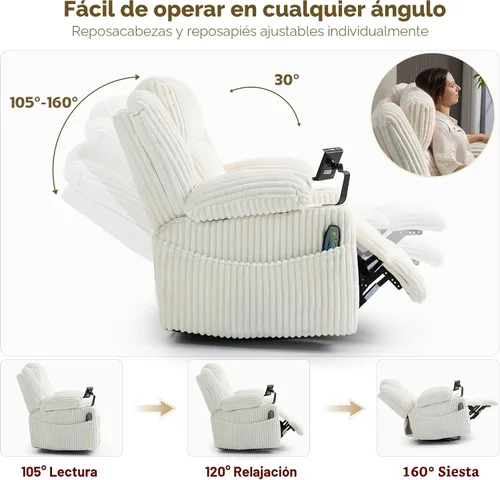 Miniatura 6 de SINCRUMI Mecedora reclinable giratoria de gran tamaño con reposacabezas ajustable de doble motor para adultos, mecedora con vibración y calor