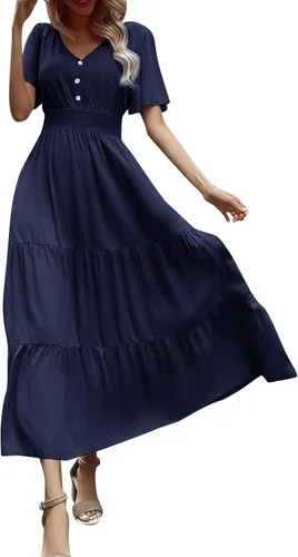 Vestidos de regreso a casa para mujer, con botones sólidos, cuello en V, longitud de la cintura, vestido casual de verano, vestido grueso, S-XL