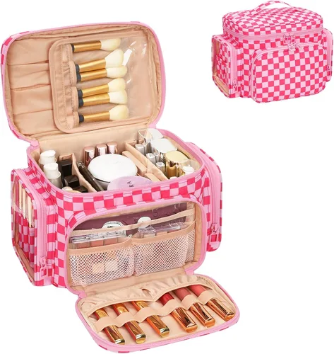 Miniatura 12 de Bagmoly Bolsa de maquillaje grande, organizador portátil de maquillaje para mujeres y niñas con compartimento para brochas de maquillaje y dos