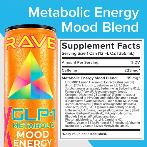 Miniatura 3 de La bebida energética metabólica RAVE GLP-1 aumenta el GLP-1 de forma natural. Suprime el apetito, reduce los antojos, equilibra el azúcar en sangre