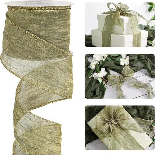 HUIHUANG Cinta verde musgo con alambre de 2.5 pulgadas, seda arrugada verde con cinta de Navidad metálica dorada para suministros de corona, boda,