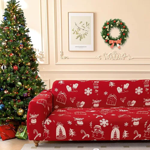 Miniatura 12 de Anibedding - Funda estampada de Navidad roja para sofá de 2 cojines, funda elástica con renos y copos de nieve para sofá, funda de sofá lavable a