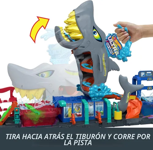 Miniatura 5 de Hot Wheels Juego de pistas de ciudad, lavado de autos Ultra Shark con vehículo de juguete de revelación de color a escala 1:64, función de cambio