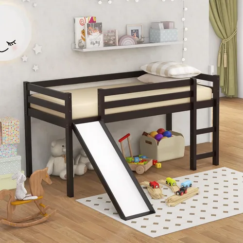 Miniatura 8 de Giantex Cama alta individual con tobogán, cama baja de madera para niños, escalera de escalada y espacio de almacenamiento, cama individual