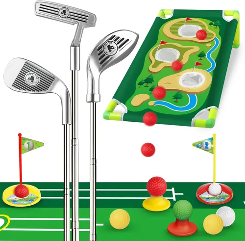 Letapapa Juego de palos de golf para niños pequeños, longitud ajustable con alfombrilla y cornhole de golf, palos de golf mejorados para niños con 8