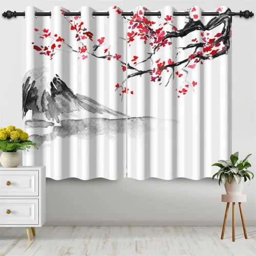 Miniatura 139 de Cortinas japonesas con pintura de tinta, monte Fuji, sol rojo, puesta de sol, hojas de bambú, cortinas de ventana para dormitorio, sala de estar