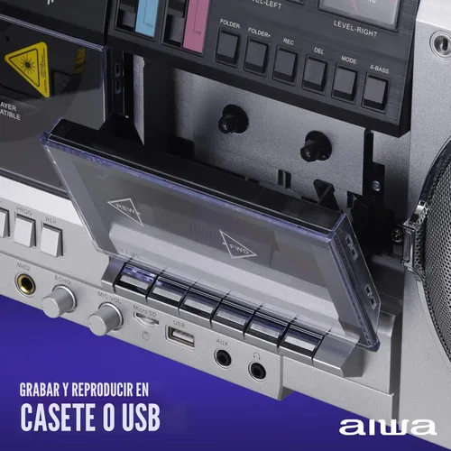 Miniatura 4 de aiwa Reproductor de CD Boombox retro con grabación de cassette, Bluetooth 5.0, radio FM/AM, entradas USB/SD/AUX, medidores VU, pantalla LCD, Plateado