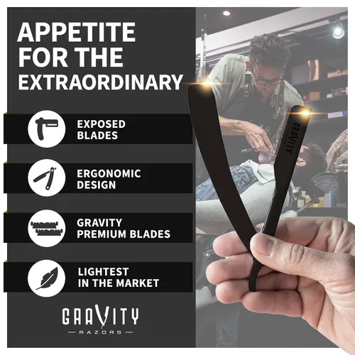 Miniatura 3 de Kit de afeitado manual GRAVITY RAZORS Profesional – Exposición Ultra, Incluye 10 Hojas Premium, 2mm Expuestas, Negro Mate