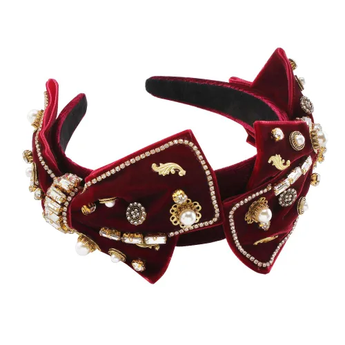 YARN & INK Cintas para el cabello de mujer con perlas barrocas de terciopelo y lazo de strass, estilo retro vintage hecho a mano, elegante accesorio