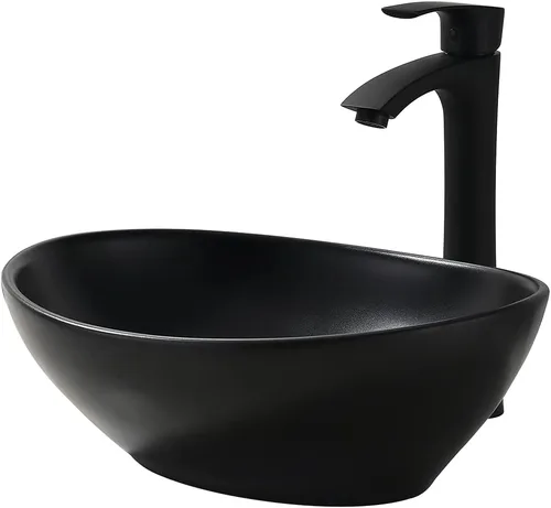 Fregadero de recipiente negro mate de 16 x 13 con grifo y drenaje combinado, fregadero de baño ovalado de porcelana sobre el mostrador