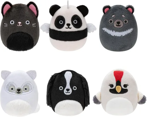 Squishville de Original Squishmallows Escuadrón Negro y Blanco de Peluche - Seis Peluches Squishmallows de 5 cm Incluyendo Tajo, Kayce, Bambalina,