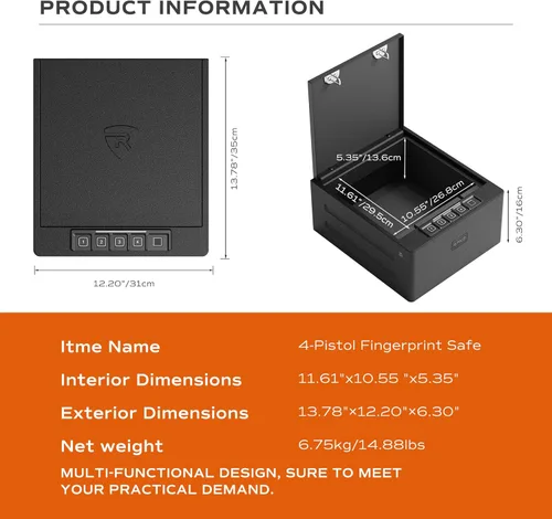 Miniatura 6 de RPNB Caja fuerte para armas, caja fuerte biométrica para pistola, 4 pistolas de alta capacidad con teclado digital, huella dactilar biométrica