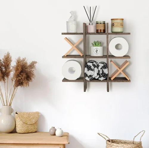 Miniatura 4 de Weysat Soporte de Papel Higiénico Tic Tac Toe Decoración de Pared de Baño Almacenamiento Colgante de Madera Rústica Estantes Independientes Montados