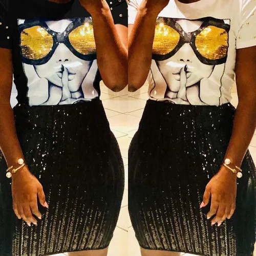 Miniatura 3 de PESION - Camiseta de manga corta para mujer con lentejuelas, cuello redondo y divertido estampado
