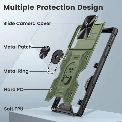 Miniatura 4 de Caka Funda para Samsung Galaxy S22 Ultra con cubierta deslizante para cámara y soporte, soporte de anillo giratorio de 360 grados integrado, funda