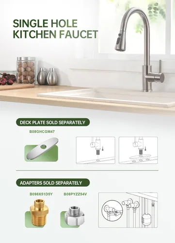 Miniatura 8 de VFAUOSIT - Grifo de cocina con rociador extraíble, grifo de fregadero de cocina sin plomo, níquel cepillado, acero inoxidable, arco alto, extracción