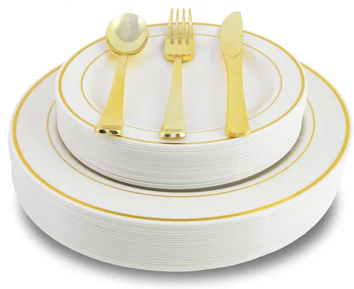 Exquisite Juego de 200 platos y cubiertos de plástico desechables pesados para fiestas, incluye 40 platos llanos, 40 platos de postre y 40 piezas de