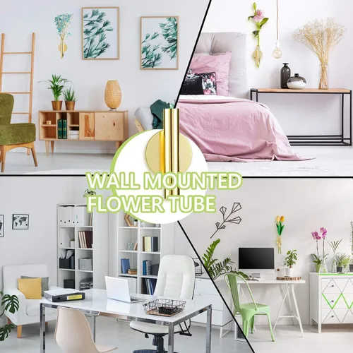 Miniatura 6 de Jetec 3 jarrones de pared de metal dorado para colgar en la pared, macetas para flores, tubo colgante bohemio para exhibir decoración del hogar