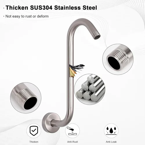 Miniatura 4 de Brazo de ducha en forma de S, tubo de extensión de cabezal de ducha de altura alta, conexión estándar de 1/2 pulgada con brida, impresionante Níquel