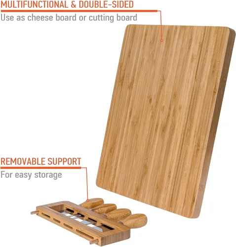 Miniatura 7 de Juego de tabla de queso de bambú y cuchillos de 14 x 11 pulgadas – Tabla de cortar queso de madera, bandeja de servir, juego de tabla de embutidos