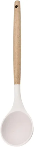 1 cucharón de sopa de silicona blanca con mango de madera, utensilios de cocina resistentes al calor, cuchara grande antiadherente para servir 1