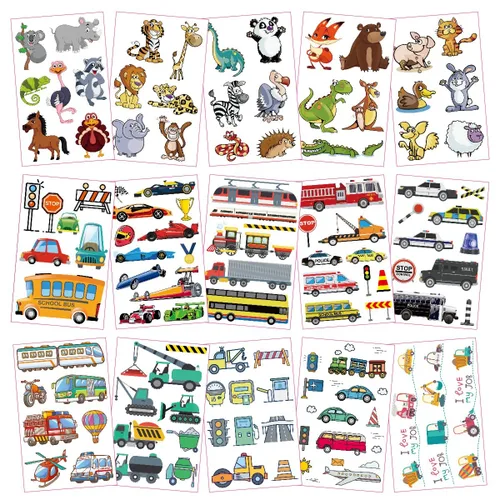 Miniatura 3 de 30 hojas (210 piezas) animales, tiburón, autos, tatuajes temporales impermeables para niños, tatuajes de estilos mixtos de dibujos animados