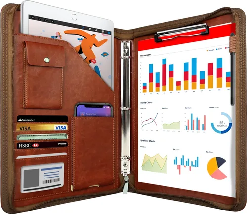 Miniatura 8 de Organizador de Portafolio con Cremallera, WRIYES Portafolio de Cuero con Carpeta de 3 Anillas, Carpeta Profesional de Negocios, Organizador