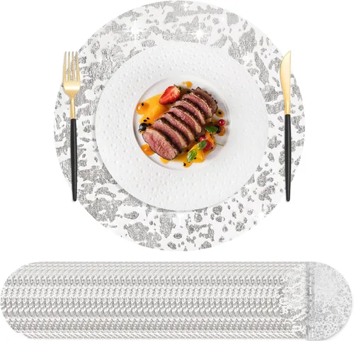 Miniatura 9 de Hysenm Juego de 100 manteles individuales desechables dorados metálicos redondos de 13 pulgadas de malla prensada, tapetes desechables ultrafinos