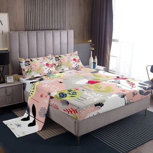 Manfei Juego de sábanas de pájaros tamaño matrimonial, juego de ropa de cama floral de hojas botánicas para decoración de habitación de niños y