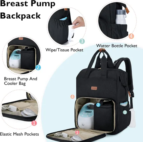 Miniatura 2 de Moclla para extractor de leche mommore para Spectra S1, S2, mochila para pañales Medela para mamás trabajadoras con funda para laptop de 15.6 Negro