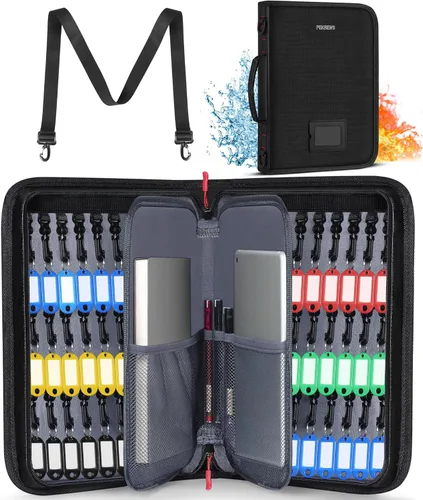 PEKREWS Estuche organizador de llaves, bolsa de llaves ignífuga e impermeable con 54 etiquetas para llaves, caja de almacenamiento portátil con