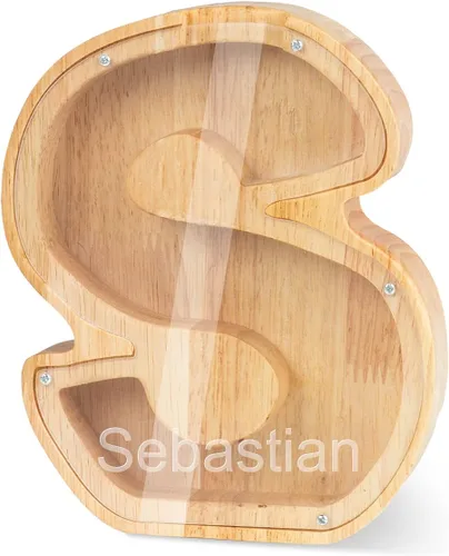 Miniatura 23 de Alcancía con nombre personalizado, 26 letras láser con texto personalizado, banco de monedas de madera, significado educativo, alcancía con nombre