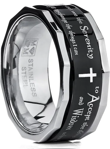 Anillo giratorio de acero inoxidable negro para hombre y mujer, cruz religiosa, serenidad, oración, 0.354 in