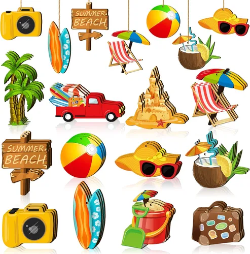 Miniatura 10 de Geelin 36 piezas de adornos colgantes de madera de verano para árbol mini decoración de árbol hawaiano playa colgante de madera con cuerda