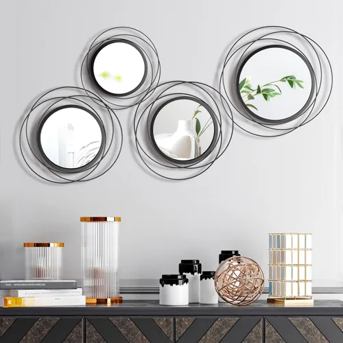 Hicarer 4 piezas de espejo circular redondo decorativo moderno anillo de arte de pared espejo de metal montado en la pared para dormitorio, sala de