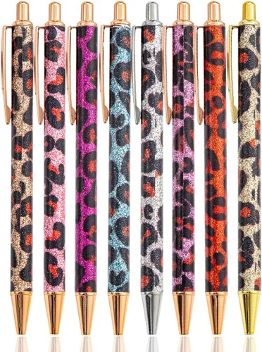 PASISIBICK 8 bolígrafos de escritura de leopardo femenino, bonitos bolígrafos con purpurina, tinta negra, punta media de 0.039 pulgadas para