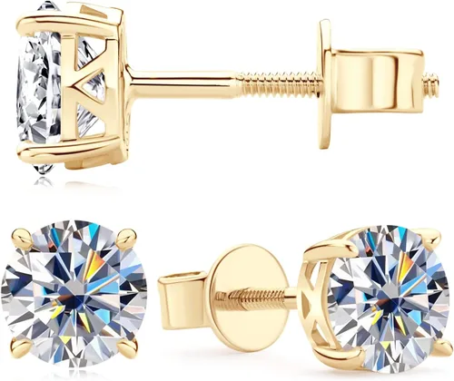 Aretes solitarios de oro real de 10 quilates con diamantes de moissanita auténtica, redondos, brillantes, para mujeres y hombres, con cierres de