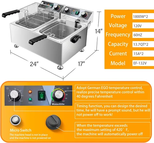 Miniatura 3 de WaterElfo Freidora Profunda con Canasta 9L/9.5QT Uso Doméstico Freidora Profunda Pequeña 1800W Freidoras Comerciales para Cocinas y Comedores