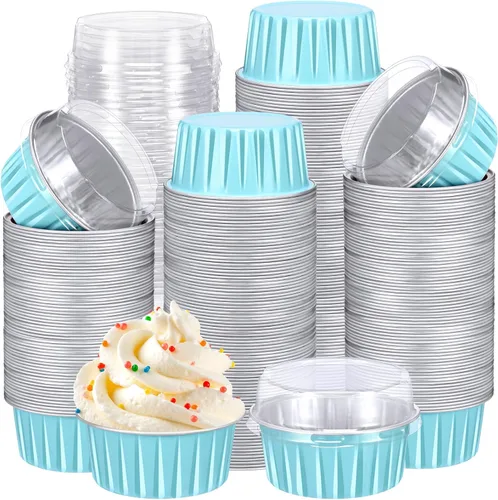 Miniatura 28 de Gejoy 400 Piezas Moldes de Papel de Aluminio para Hornear con Tapas 5 oz Moldes Desechables Ramekins Mini Moldes para Pasteles Crème Brûlée Moldes