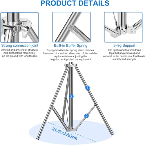 Miniatura 4 de Soporte de luz de fotografía resistente de acero inoxidable, trípode de iluminación de estudio acolchado de aire de 9.2 pies para luz rápida