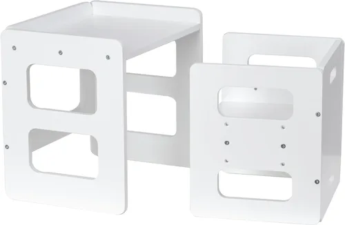Fun Memories Montessori - Juego de mesa y silla de destete, juego de mesa y silla de madera para niños, taburete de altura ajustable, muebles Blanco