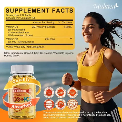 Miniatura 6 de Vitamina D3 K2 a base de plantas de 10000 UI con aceite MCT de coco virgen – 200 mcg MK7 de vitamina K2, sin OMG para una máxima absorción, salud