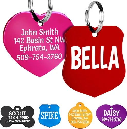 Etiquetas de identificación personalizadas GoTags Pet ID para perros y gatos Grabada en cara frontal y posterior. Viene en varias formas, colores y
