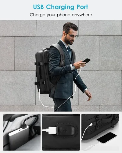 Miniatura 7 de HOMIEE Mochila de transporte expandible de 40 L para laptop de 15.6 pulgadas con puerto de carga USB para fines de semana de negocios, aprobada por