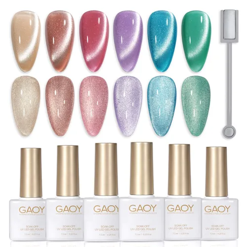 Miniatura 23 de GAOY Juego de esmaltes de uñas de gel con purpurina de ojo de gato con imán y galaxia colorida para ojos de gato holográficos, manicura de gel
