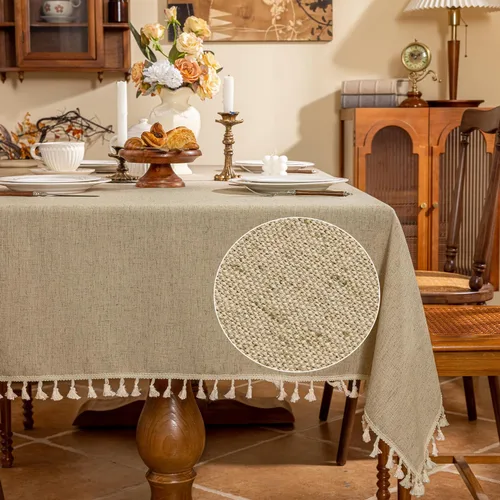 Miniatura 8 de AmHoo Mantel de mezcla de lino, mantel rectangular de 7.12 oz/m² con costuras y borlas para cocina, comedor, boda, bufé, 55 x 55 pulgadas